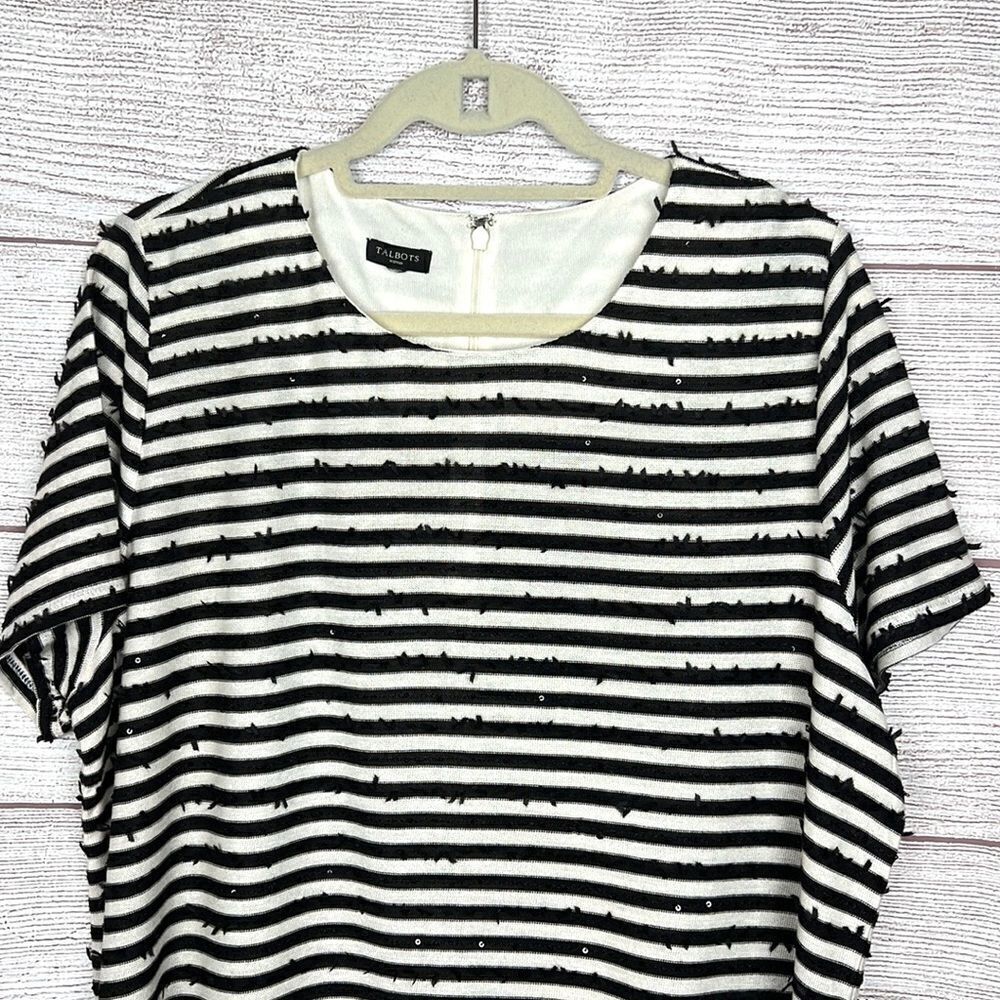 Talbots Woman Striped Sequin Top Short Sleeves Black - Ivory 2X